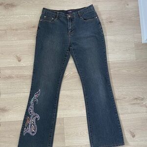 NYDJ Dark Wash Flare Jeans with Embroidered Paisley Detail - Black